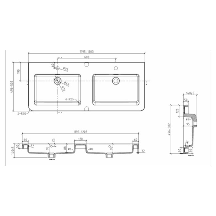 Pavia 120x49x5 cm lavabo double vasque en marbre coulé, 2 trous pour la robinetterie, avec trop-plein, blanc (PA12049)