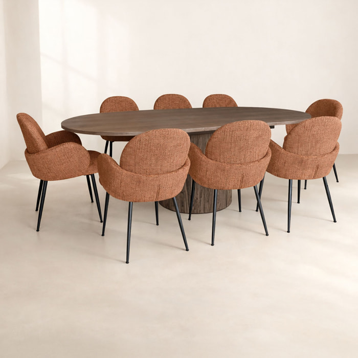 Ensemble table extensible ovale et 6 fauteuils en tissu terracotta