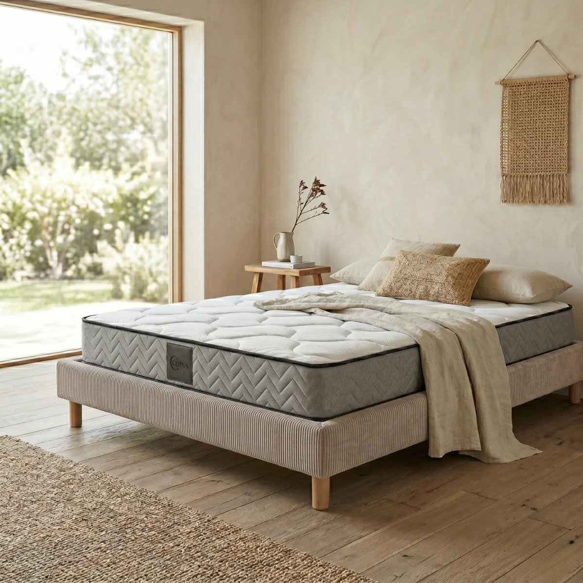 Ensemble matelas Univers & sommier Cancun | Mémoire de forme et ressorts ensachés | Cadre à lattes | Velours côtelé | Beige
