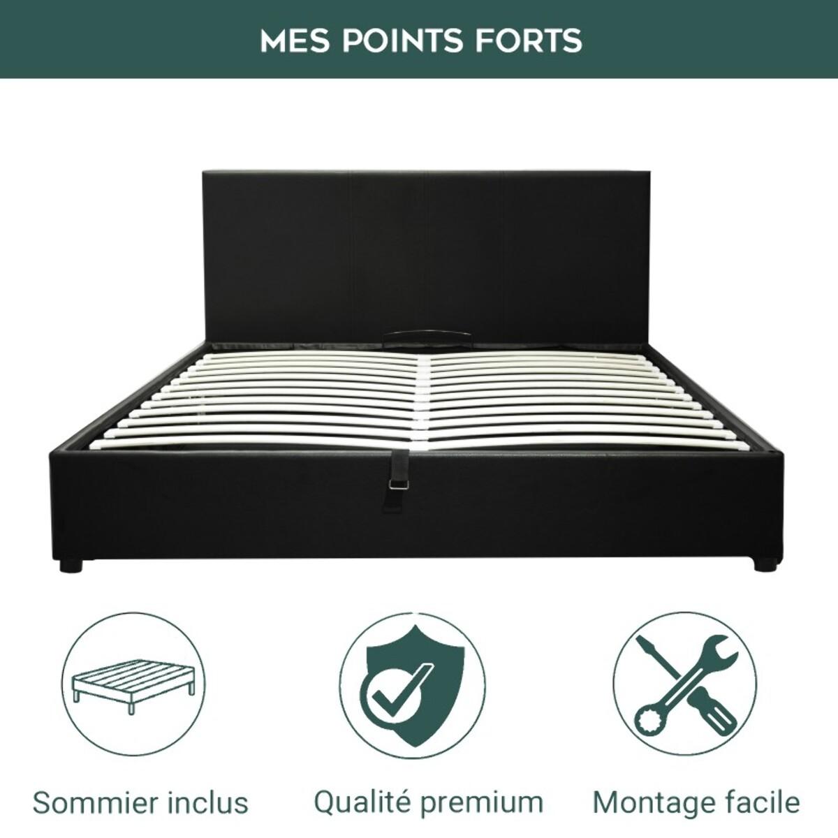 Lit coffre sommier relevable noir | Modele Colisee Simili Cuir | Grande capacite de stockage