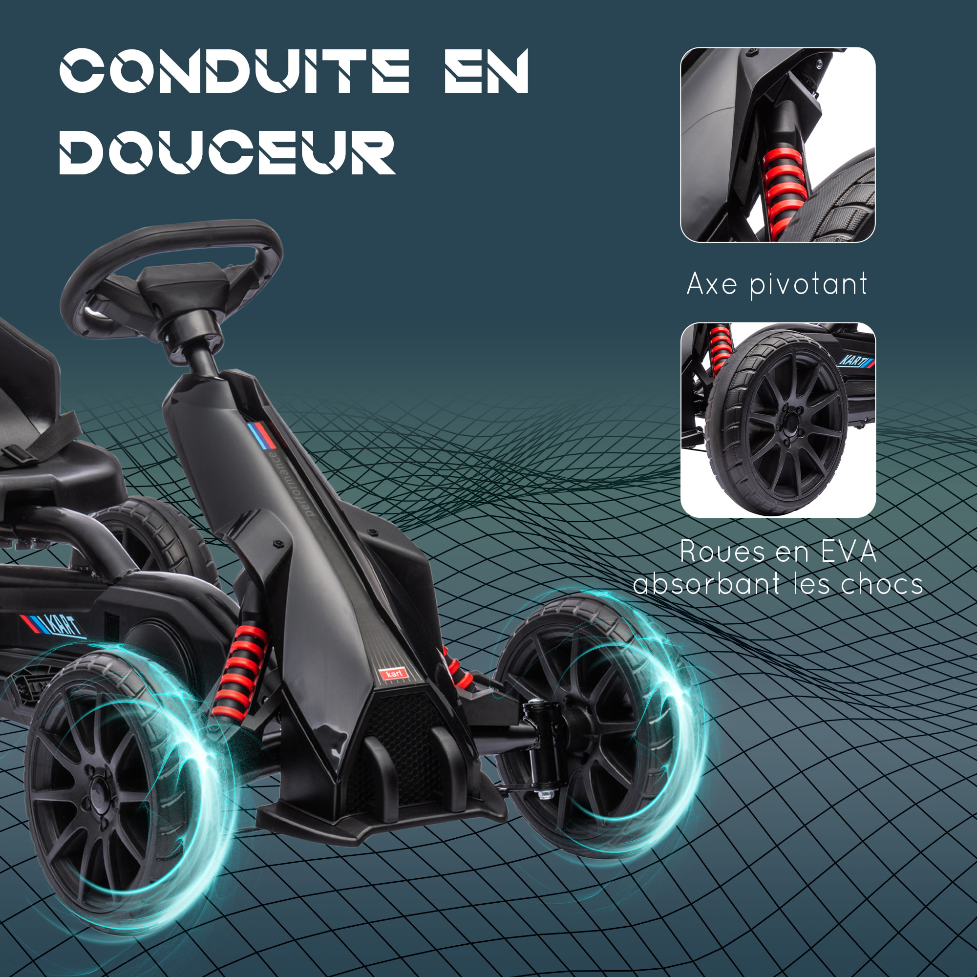 Kart à pédales enfant Go kart Formule 1 Racing aileron avant carter chaine fermé siège réglable avec ceinture noir