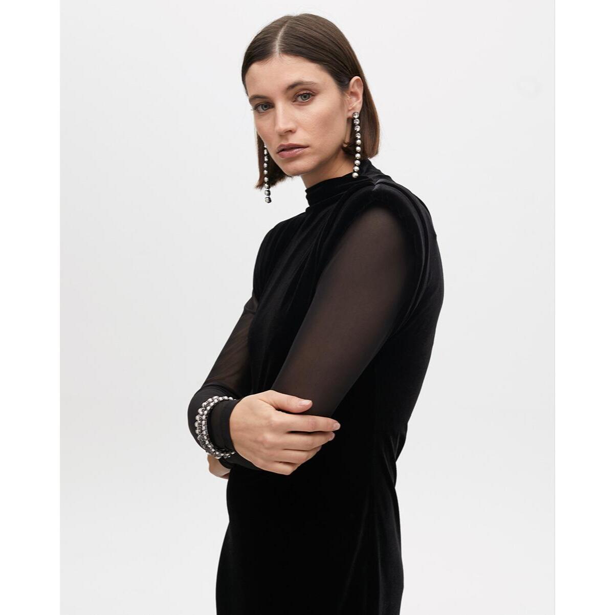 Vestito Lungo di Velluto con Maniche Trasparenti