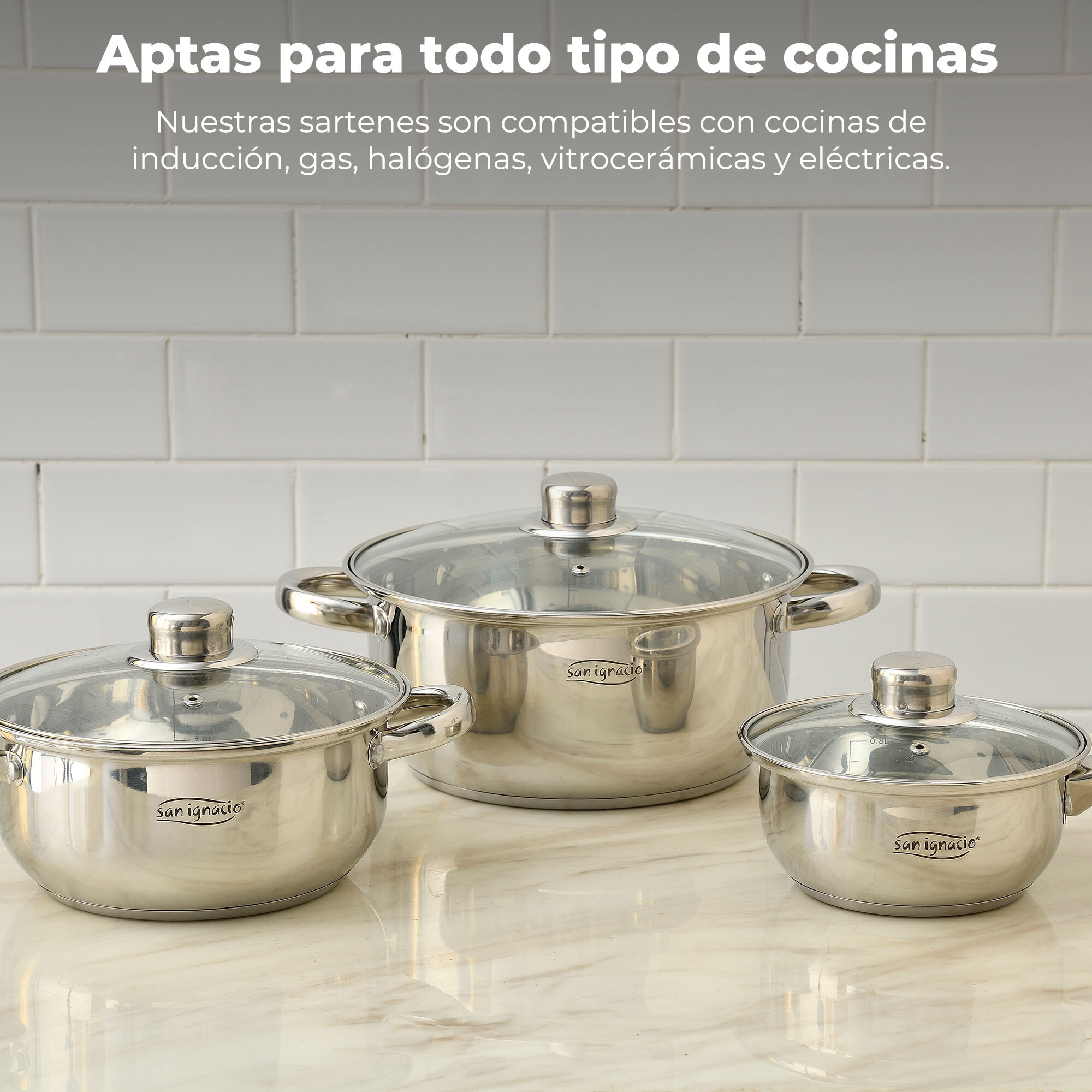 Set 12 piezas, batería de cocina en acero inox(cazoø16 + cacerolas ø18ø20ø24 + lechera ø14x12,5) + set de 3 sartenes (ø18ø22ø26) en aluminio prensado