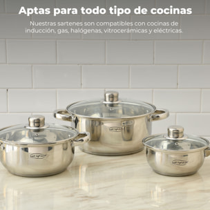 Set 12 piezas, batería de cocina en acero inox(cazoø16 + cacerolas ø18ø20ø24 + lechera ø14x12,5) + set de 3 sartenes (ø18ø22ø26) en aluminio prensado
