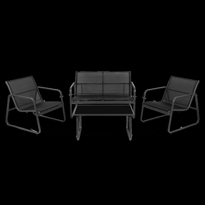 Conjunto de jardín 4 plazas, mesa centro+sofá+sillones de acero negro