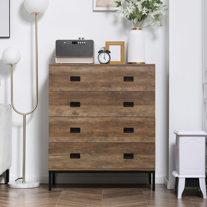 Commode 4 tiroirs style exotique effet bois de manguier piètement poignées métal noir dim. 80 x 39 x 95 cm