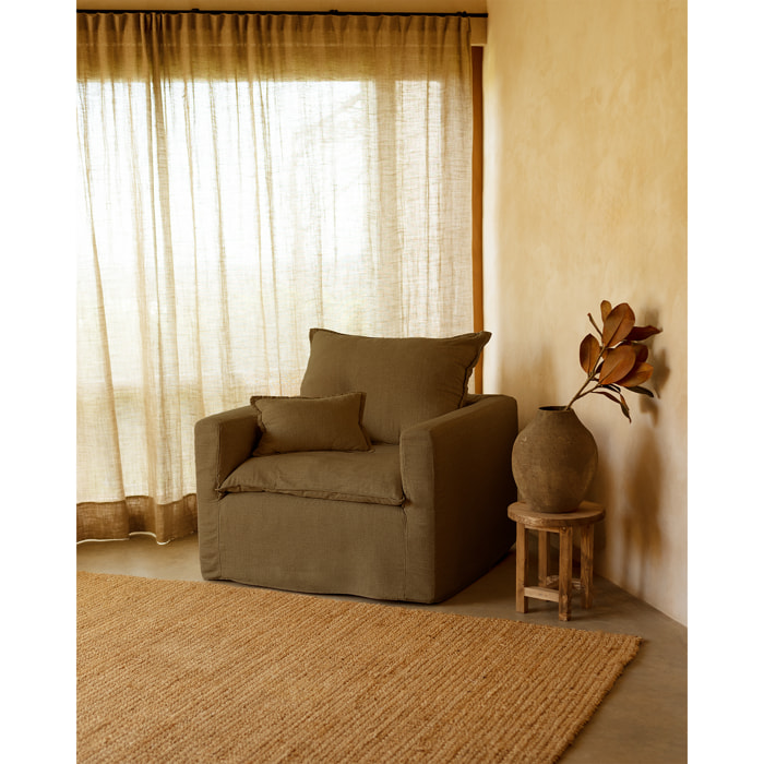Fauteuil en coton et lin déhoussable ton vert de 108x96cm Hauteur: 99 Longueur: 108 Largeur: 96