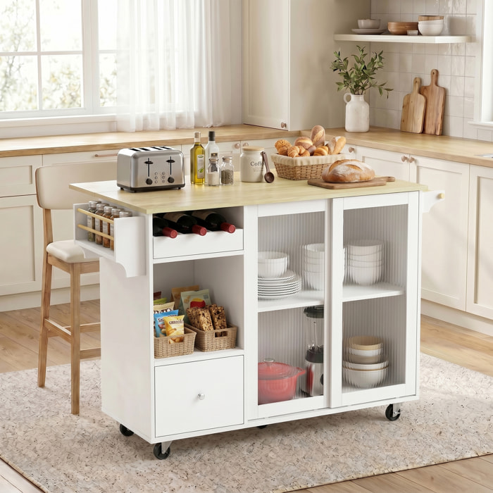 Isla de Cocina con Encimera Abatible, Carrito de Cocina con Puertas Correderas de Vidrio, Botellero, Ruedas, Cajón, Especiero y Estante Ajustable, Blanco y Roble