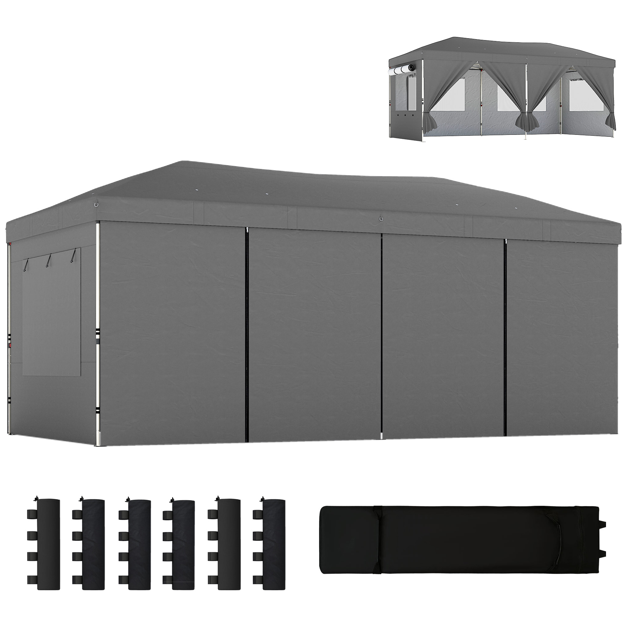 Tonnelle barnum pop-up 6 x 3 m 4 fenêtres rideaux sacs lestage transport gris