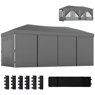 Tonnelle barnum pop-up 6 x 3 m 4 fenêtres rideaux sacs lestage transport gris