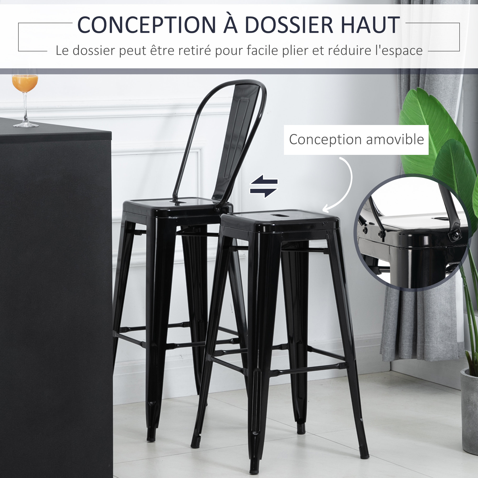 Lot de 4 tabourets de bar industriel avec dossier hauteur assise 76,5 cm métal noir