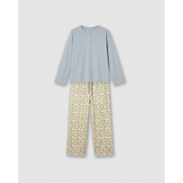Pijama largo de algodón con escote pico domana azul agua