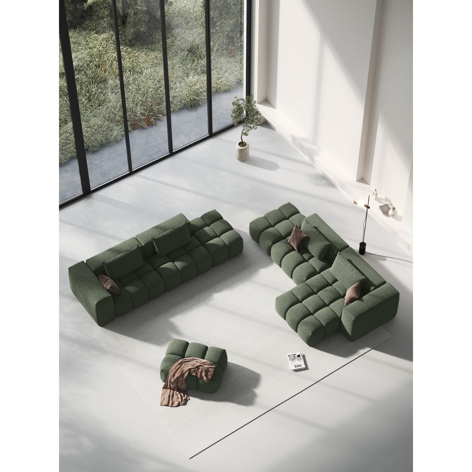 Canapé modulable droit "Lorella" 3 places en tissu structurel vert olive foncé