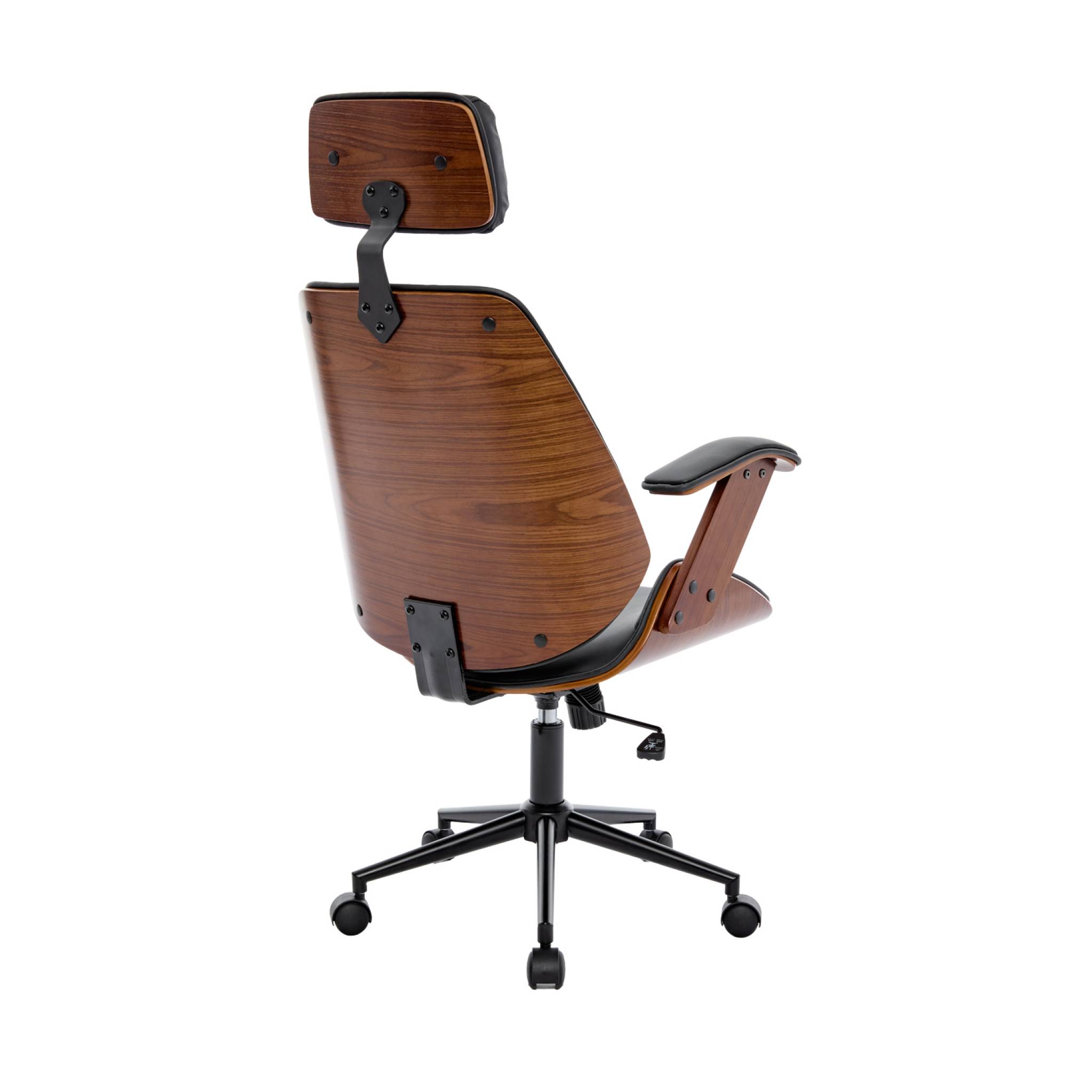 Chaise de bureau à roulettes décor bois courbé placage effet noyer et simili cuir noir