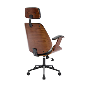 Chaise de bureau à roulettes décor bois courbé placage effet noyer et simili cuir noir