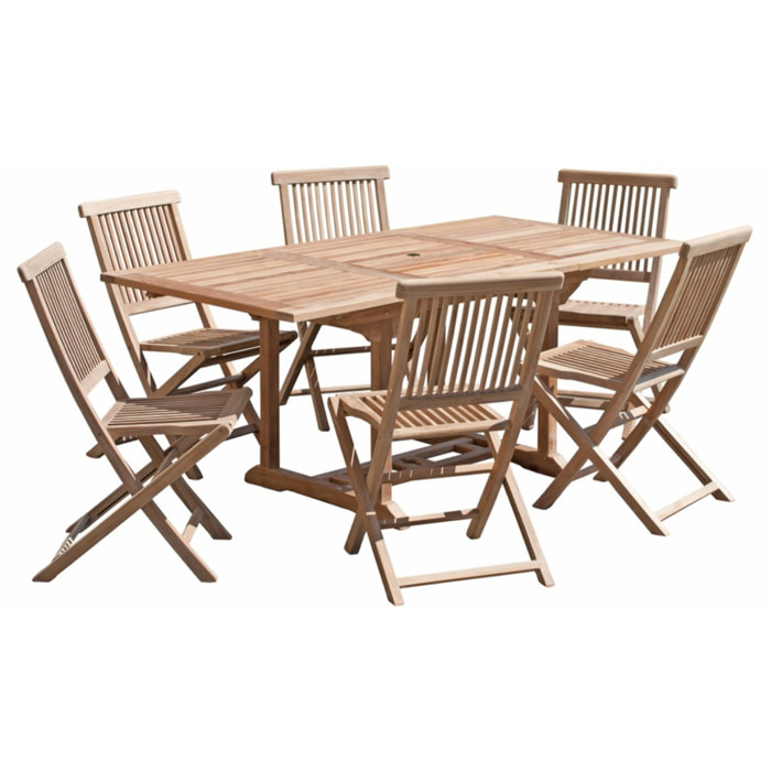 FUN - SALON DE JARDIN EN BOIS TECK 4/6 pers - 1 Table rectangulaire extensible 120/180*90 cm et 6 chaises