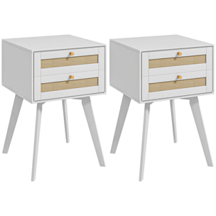 Conjunto de 2 Mesitas de Noche Mesillas de Noche Estilo Cannage con 2 Cajones y Elemento de Ratán Mesitas Auxiliares Pequeñas para Dormitorio Salón 40x40x60 cm Blanco
