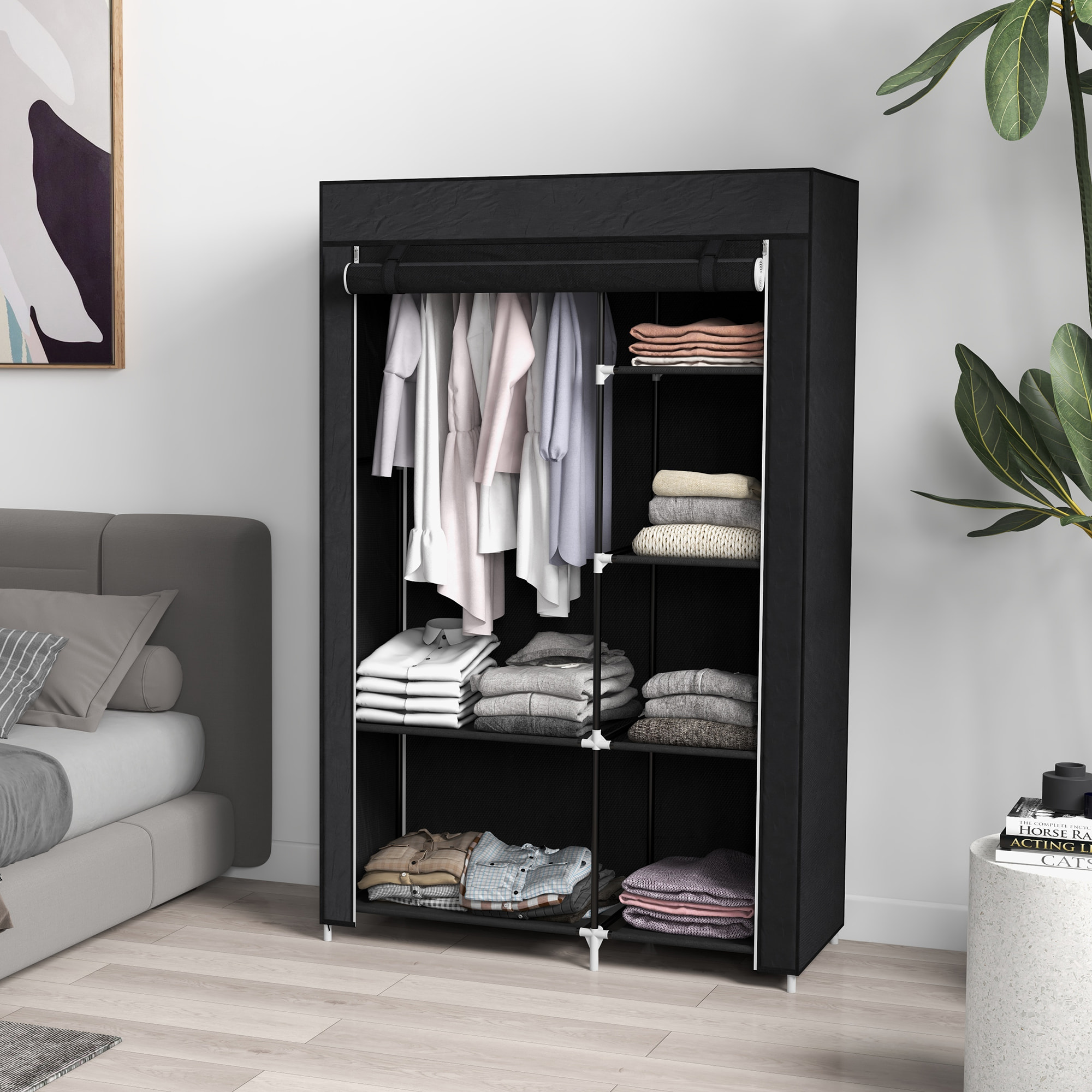 Armario de Tela Plegable Armario de Ropa Organizador Ropero Portátil con 6 Estantes y 1 Barra para Colgar para Dormitorio Vestidor 103x43x162,5 cm Negro