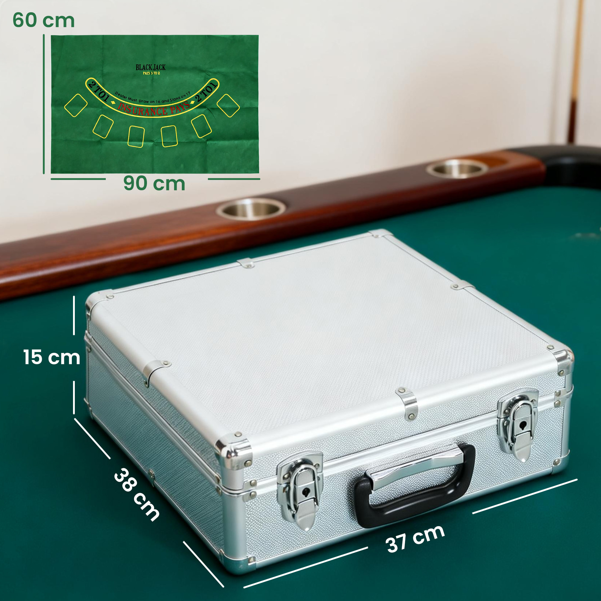 Mallette pro de poker 500 jetons 2 jeux cartes 5 dés 3 boutons sabot mélangeur tapis alu