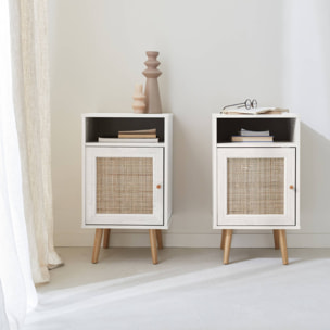 Lot de 2 tables de chevet en cannage - Bohème - 40x39x65.8cm Blanc  - 2 niveaux - 1 portes - 1 espace de rangement - pieds scandinaves