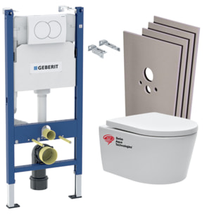 Pack WC sans bride SAT, fixations invisibles + Abattant softclose + Bâti support Geberit UP100 + Plaque blanche + Set Habillage