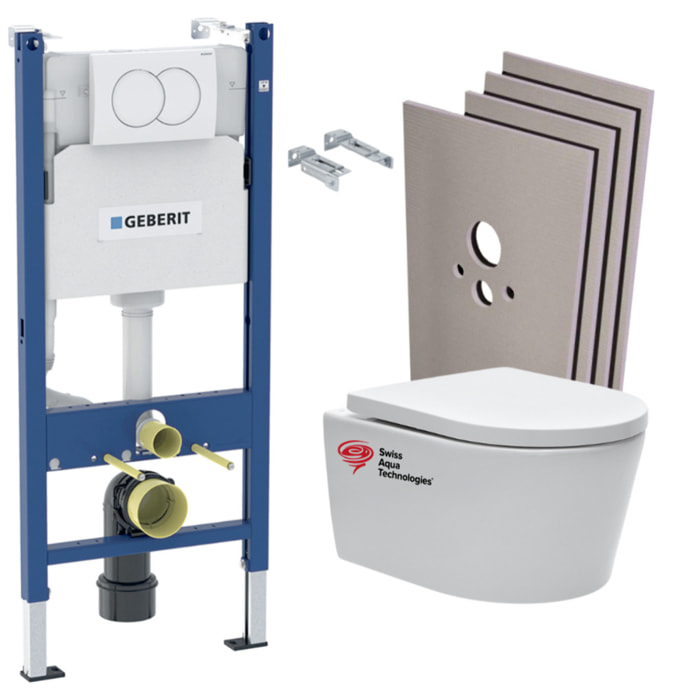 Pack WC sans bride SAT, fixations invisibles + Abattant softclose + Bâti support Geberit UP100 + Plaque blanche + Set Habillage