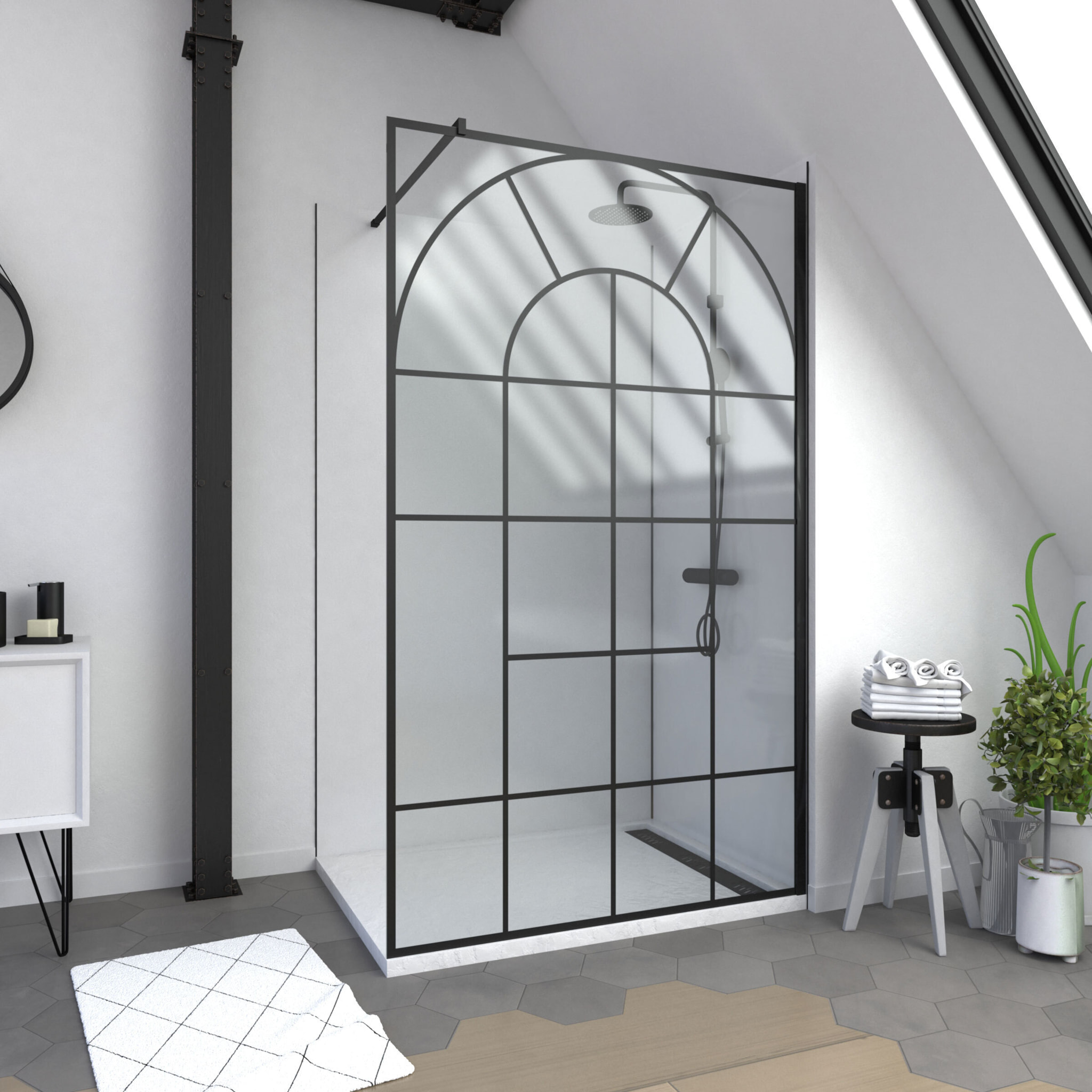 Paroi de douche Déco 120x195cm Verre 5mm Sérigraphié - Barre de fixation Noir Mat