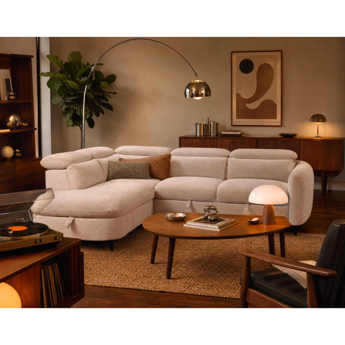 Opaline - Canapé d'angle gauche 5 places convertible avec têtières et coffre en tissu texturé - Beige