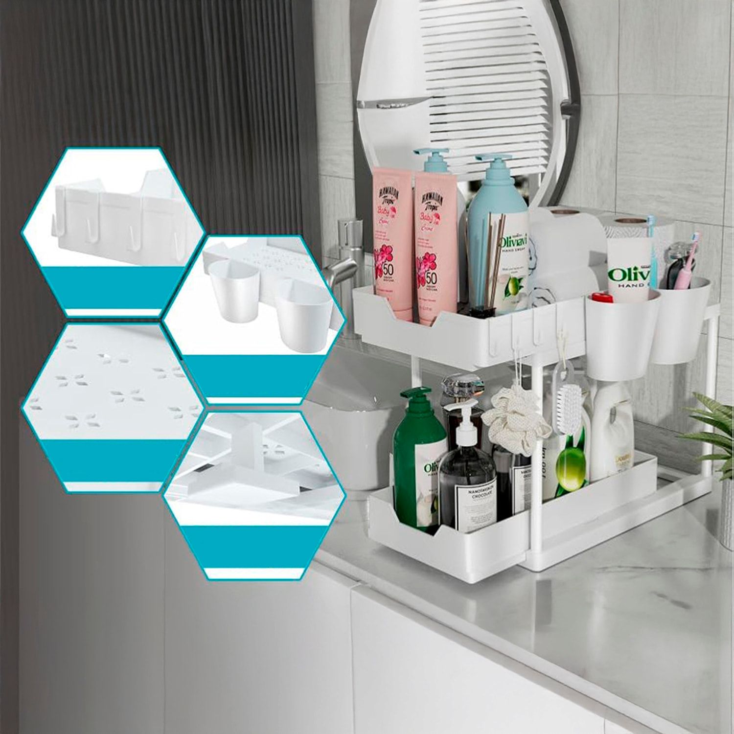 Organizzatore scorrevole a 2 livelli, ideale per massimizzare lo spazio, con 4 ganci e 2 ceste.