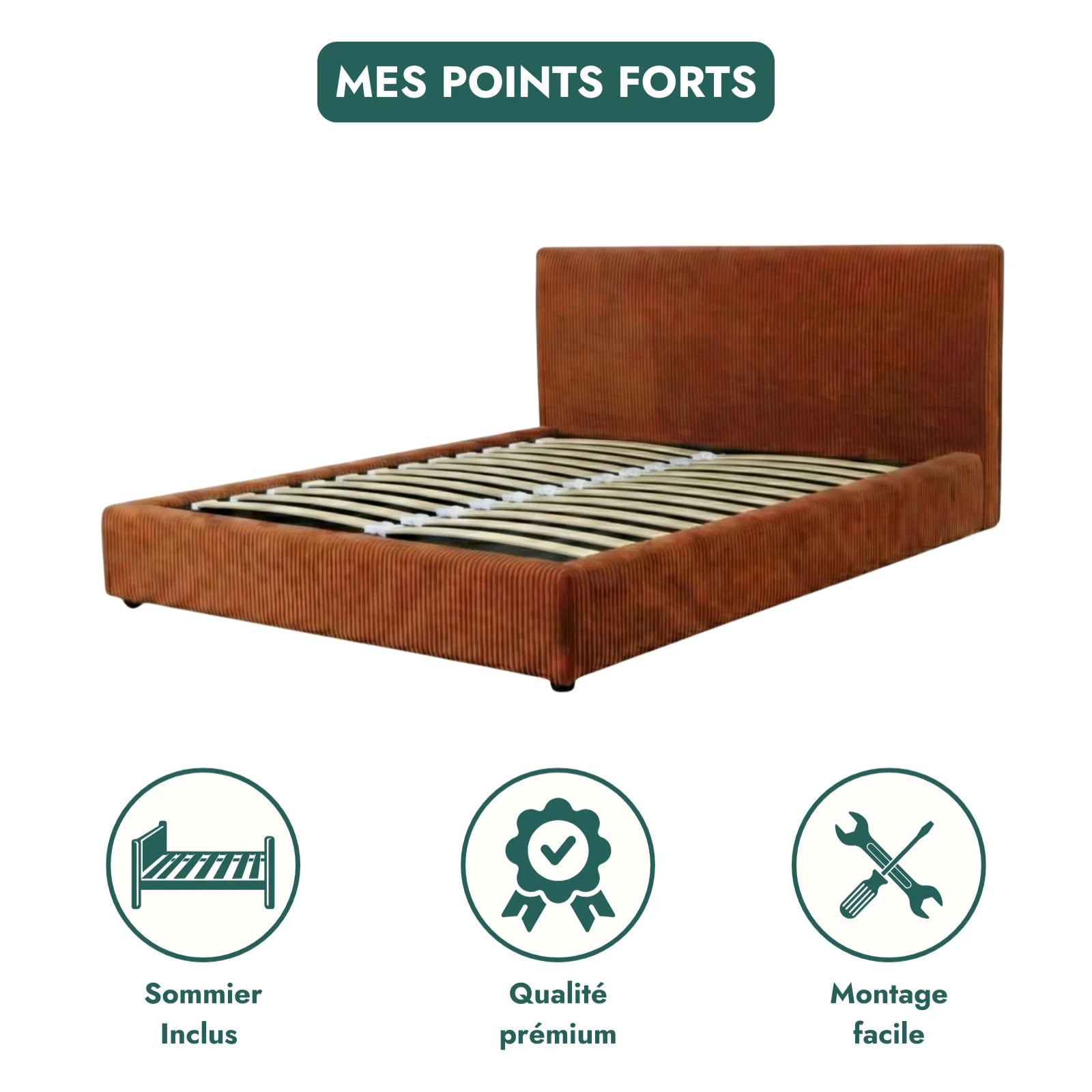 Lit coffre Colisée avec tête de lit | Robuste et confortable | Montage simple rapide | Velours Côtelé | Terracotta