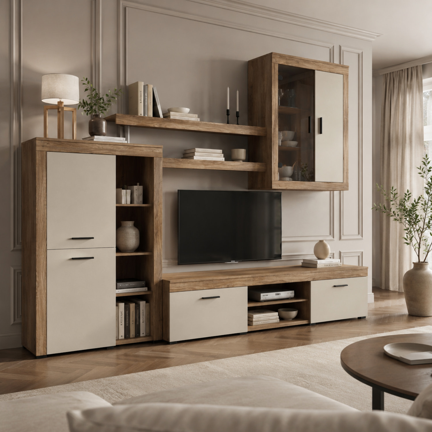 Parete Attrezzata Da Soggiorno Salotto Moderna Con Ante Mensole Vani A Giorno Vetrinetta Mobile TV Design Moderno 293x193x50 Cm Bianco Rovere Scuro