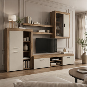 Parete Attrezzata Da Soggiorno Salotto Moderna Con Ante Mensole Vani A Giorno Vetrinetta Mobile TV Design Moderno 293x193x50 Cm Bianco Rovere Scuro