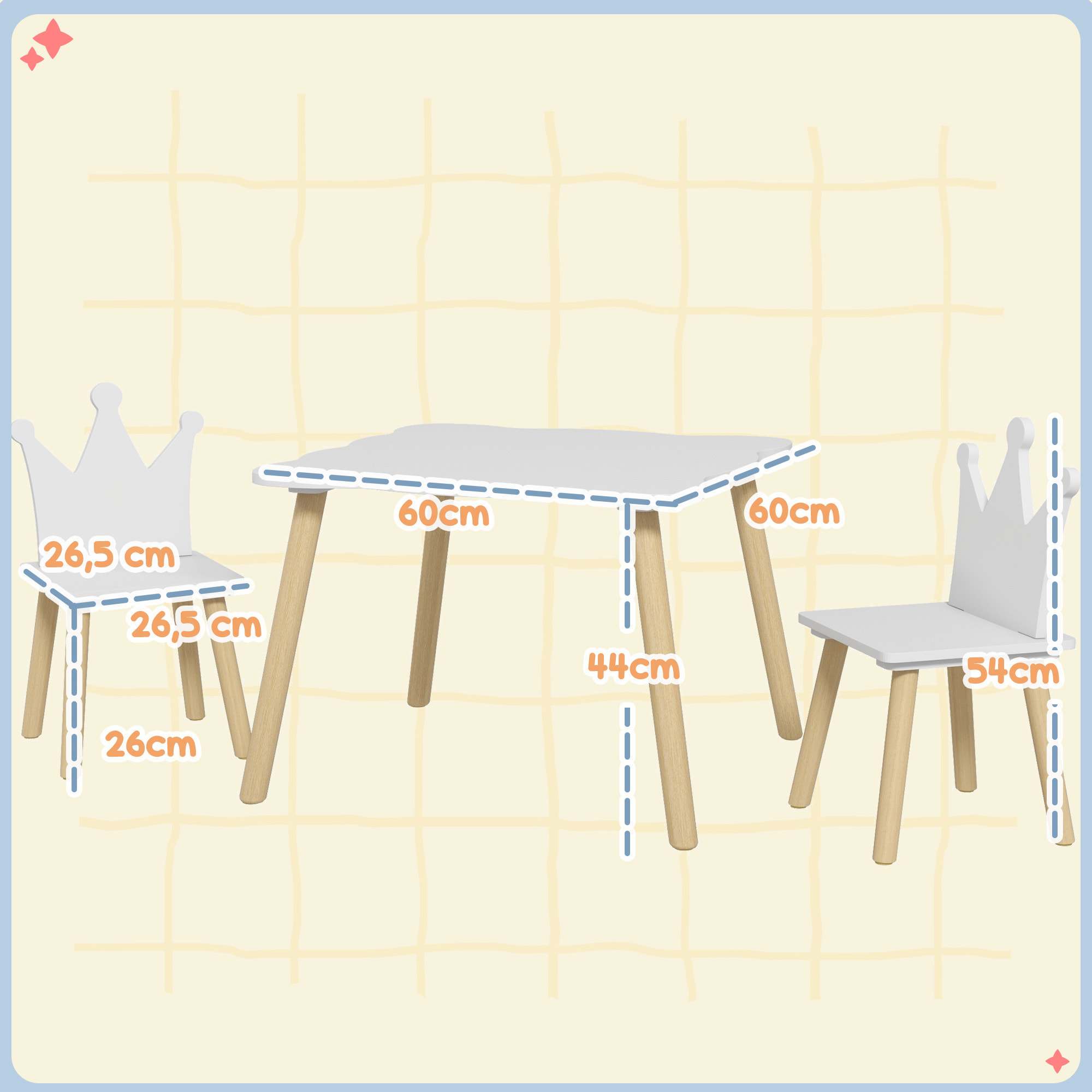 Mesa y Sillas Infantiles de 3 Piezas Mesa Infantil con 2 Sillas con Respaldo en Forma de Corona para Niños de 3-6 Años para Sala de Juegos Dormitorio Guardería Blanco
