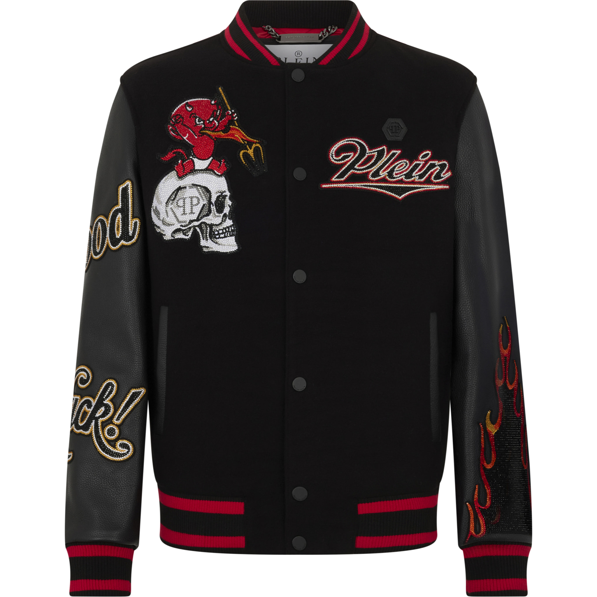 PHILIPP PLEIN Varsity Bomber with Leather Sleeves Devil Skull