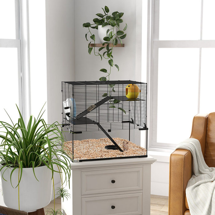 Jaula para Hámster Casa para Animales Pequeños con Fondo de Vidrio Plataformas Cuenco Bebedero Casita Rampas y Rueda de Ejercicio 60x40x54,5 cm Negro