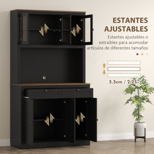 Alacena de Cocina, Mueble Auxiliar de Cocina, con 3 Puertas de Vidrio, Encimera Abierta para Microondas, 2 Cajones y Estantes Ajustables, 100x40x180 cm, Negro