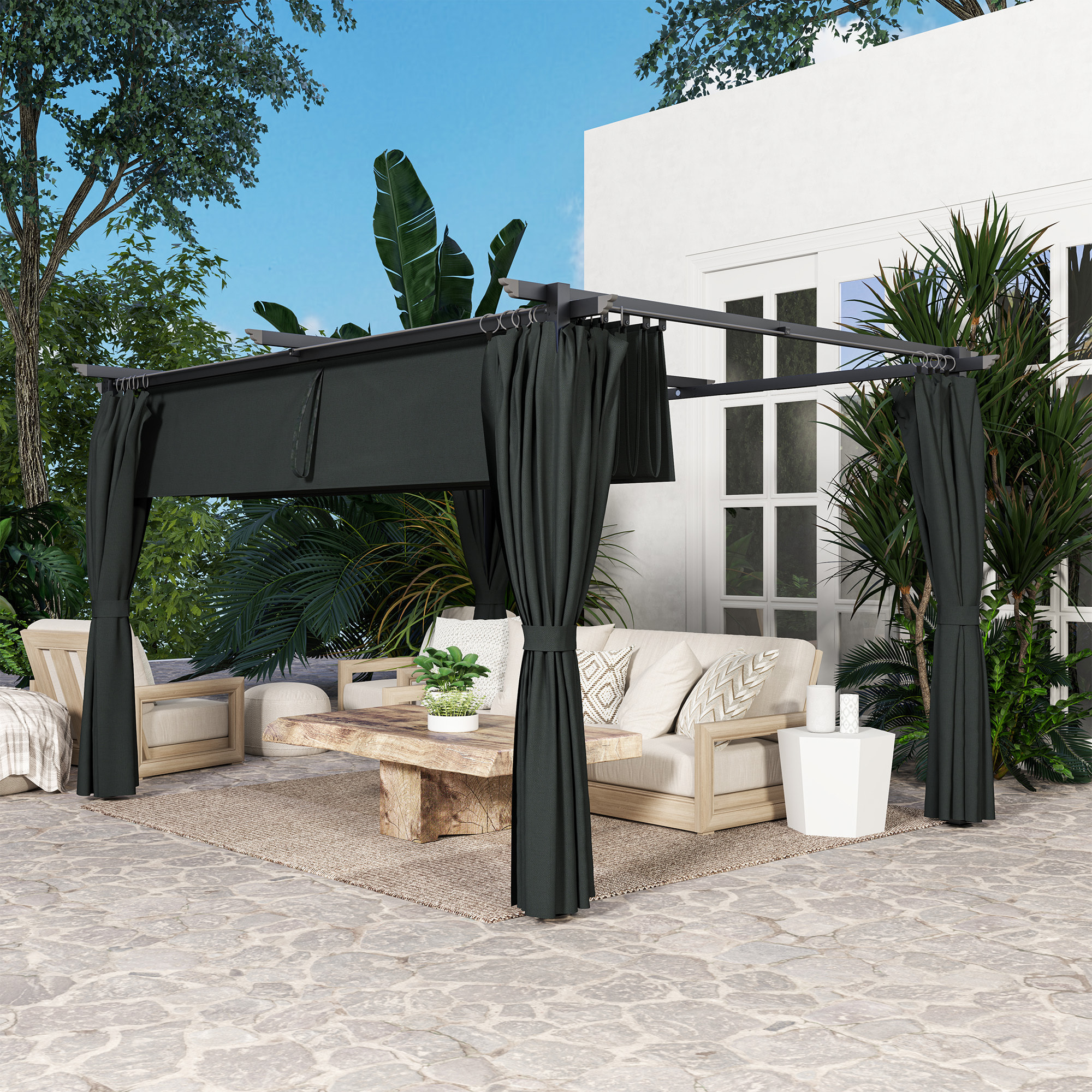 Pergola 3 x 4 m toile toit rétractable 4 rideaux ajustables métal noir polyester haute densité 180g/m² anthracite