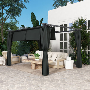 Pergola 3 x 4 m toile toit rétractable 4 rideaux ajustables métal noir polyester haute densité 180g/m² anthracite