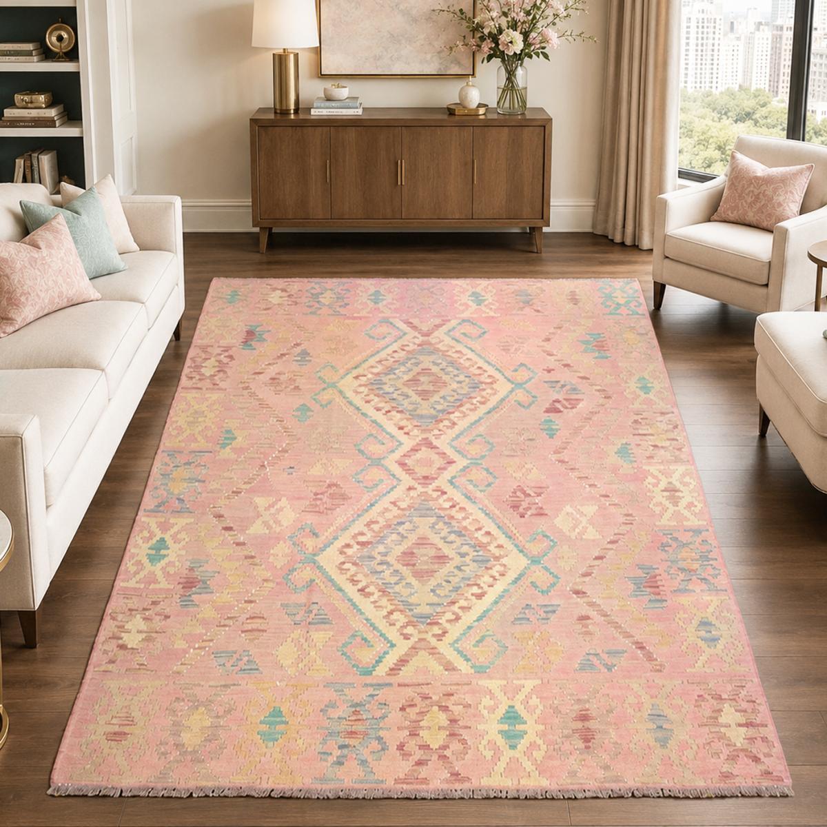 Tapis kilim géométrique, tissé plat authentique, ZAPILUD