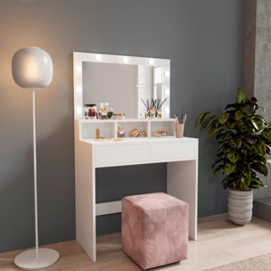 Toeletta Tavolino Da Trucco Tavolo Con 9 Luci LED Con Luminosità Regolabile 2 Cassetti 3 Scomparti A Giorno Specchio Make Up 40x80x140 Cm Bianco
