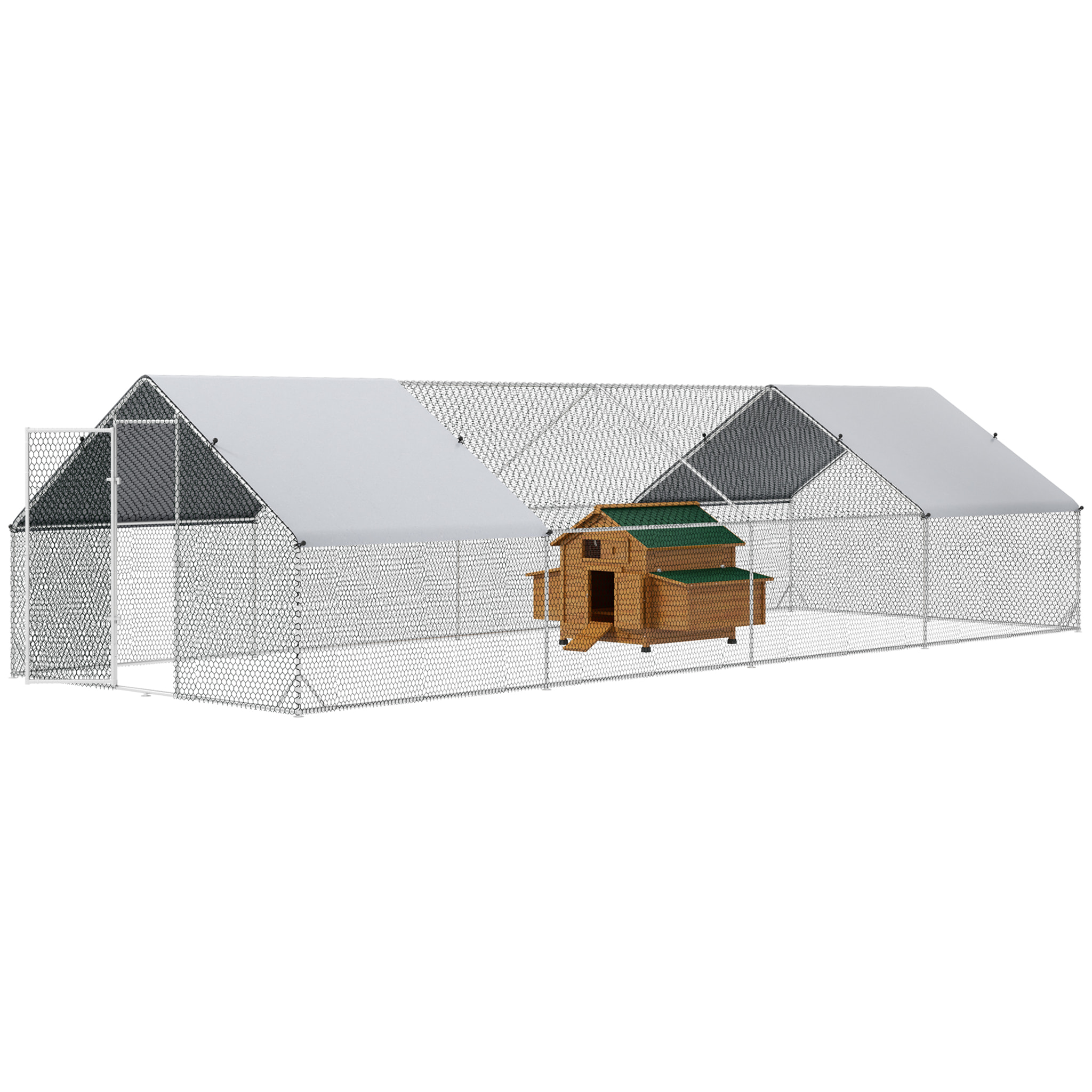 Conjunto de 1 Gallinero de Madera con 2 Nidos Bandeja Extraíble 150x100x96,5 cm y 1 Gallinero para Exterior Grande de Acero Galvanizado 3x8x2 m