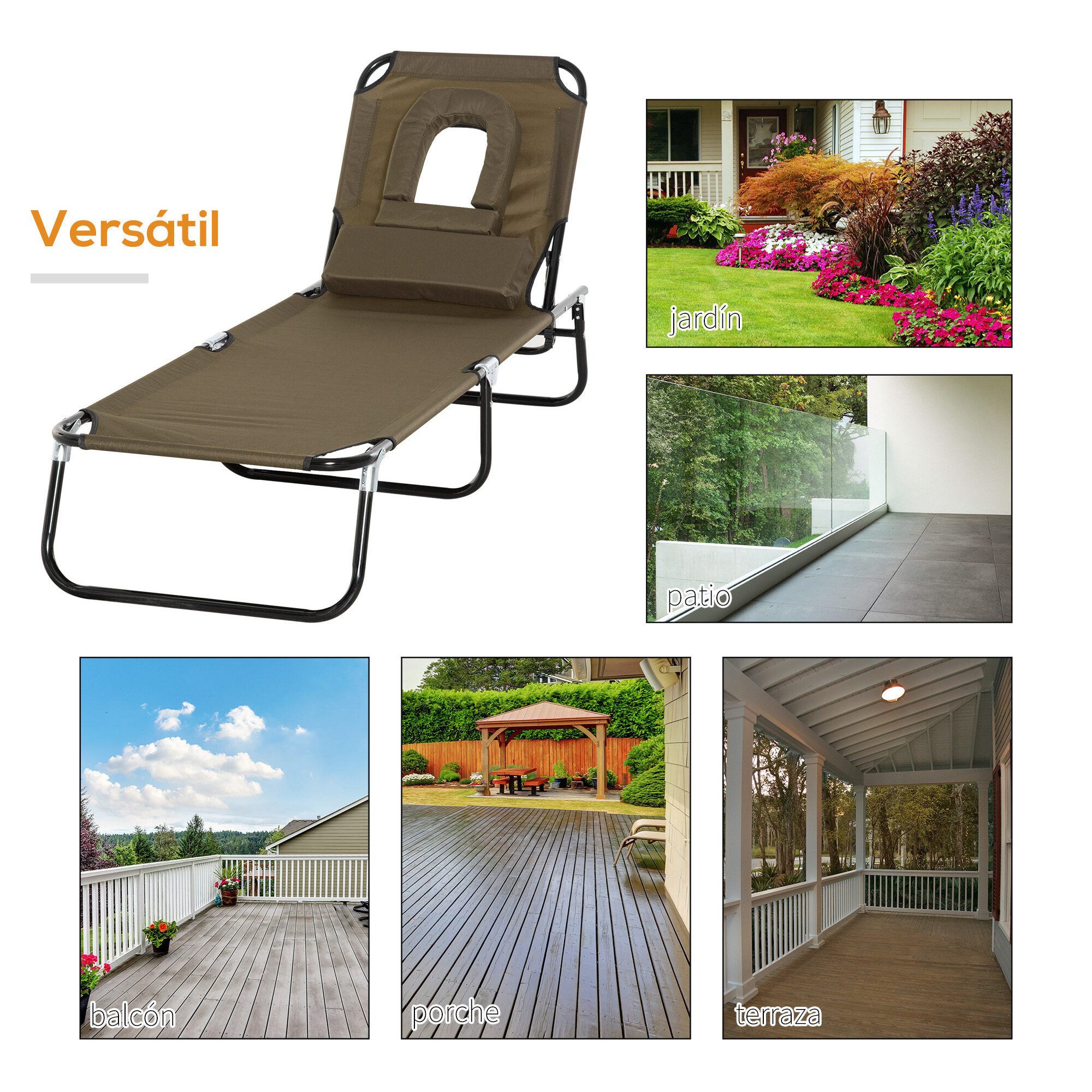 Tumbona Plegable con Respaldo Regulable en 4 Posiciones Tumbona de Jardín con Orificio de Lectura Almohada Marco Metálico y Tela Oxford para Playa Terraza Carga 120 kg 190x56x28 cm Marrón