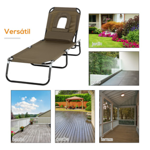 Tumbona Plegable con Respaldo Regulable en 4 Posiciones Tumbona de Jardín con Orificio de Lectura Almohada Marco Metálico y Tela Oxford para Playa Terraza Carga 120 kg 190x56x28 cm Marrón