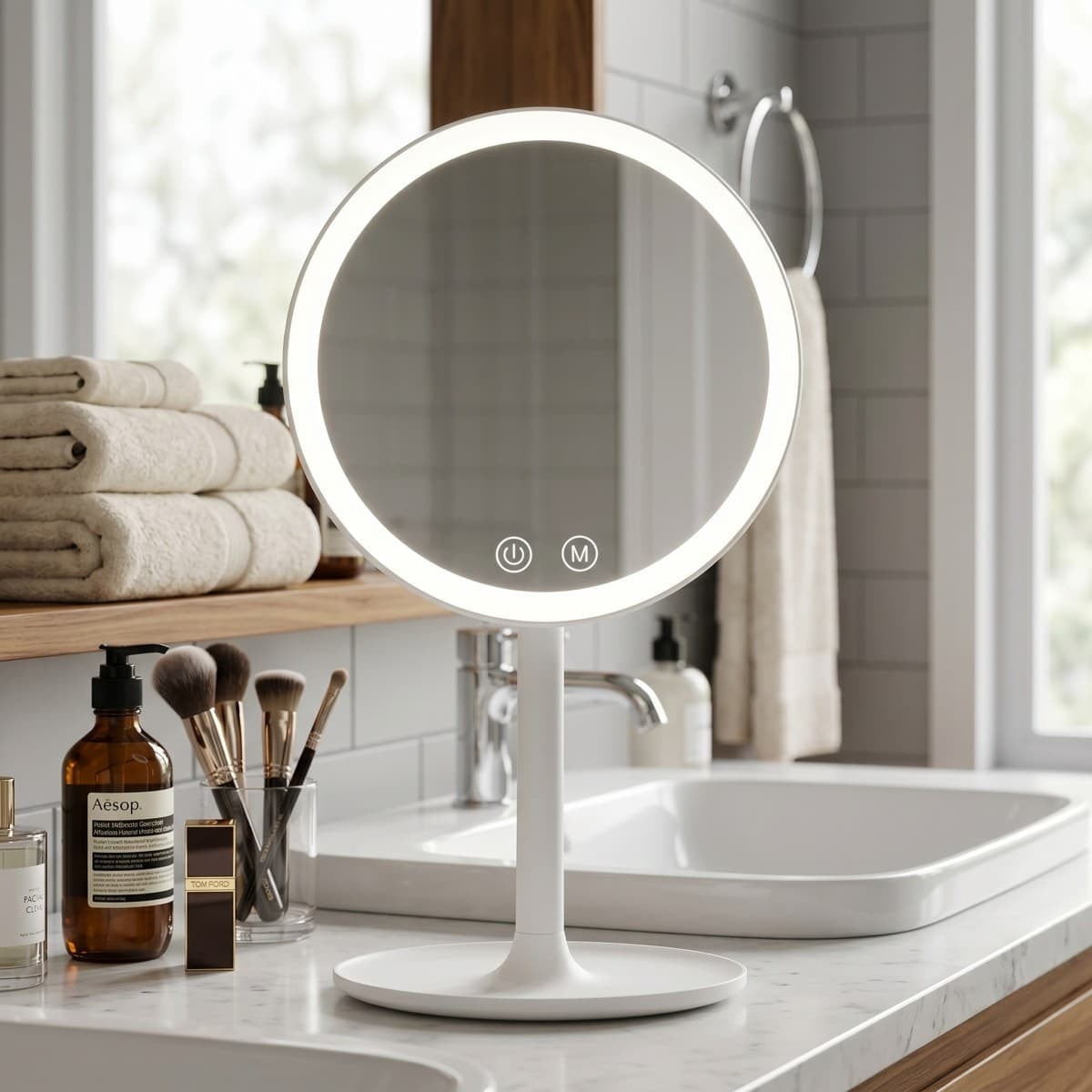 Miroir cosmétique pliable en plastique, 3 couleurs de lumière réglables, hauteur 34,5 cm, blanc (SATZKLEDB)