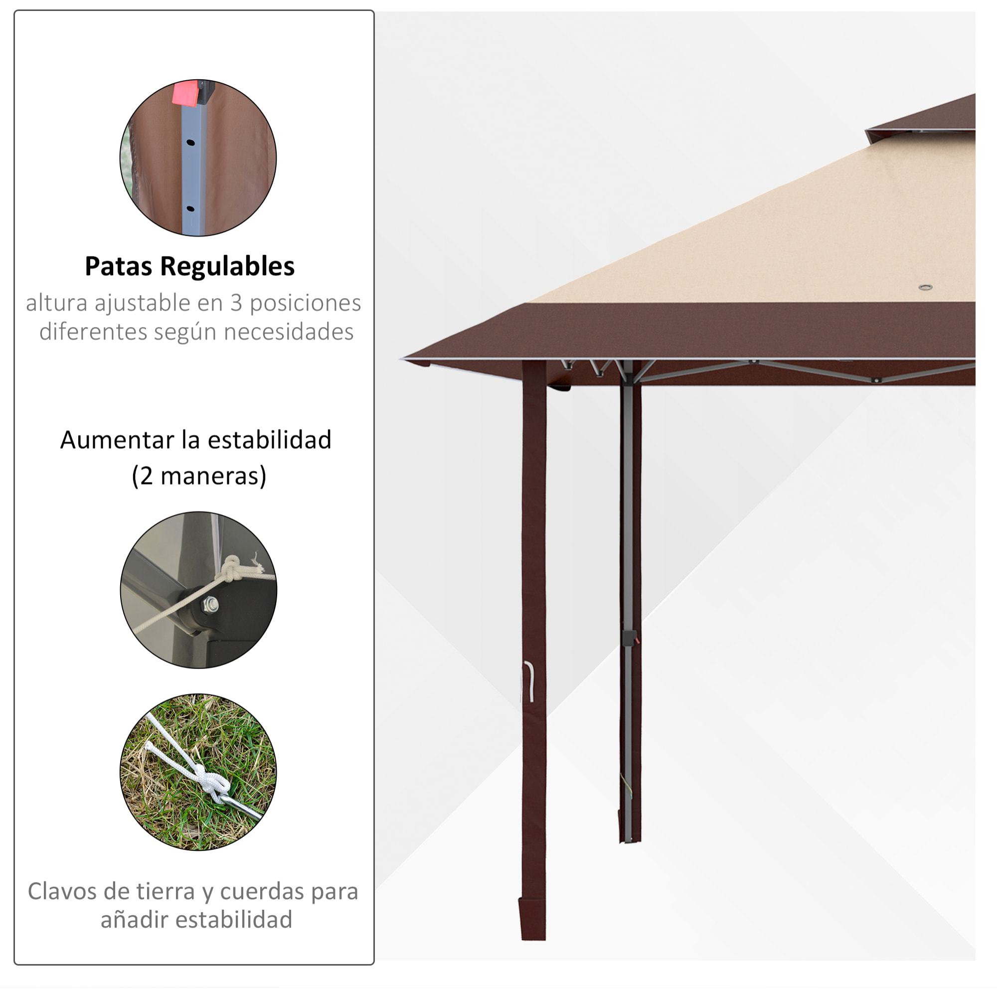 Carpa Plegable 3,85x3,85 m Cenador de Jardín con Doble Techo Altura Ajustable en 3 Niveles y Bolsa de Transporte Impermeable Anti-UV para Fiestas Bodas Caqui y Café