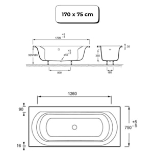 Pack baignoire droite 170 x 75 Elise + tablier angle + pommeau et mitigeur bain noir Aimé + pare bain noir + vidage