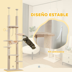 Árbol para Gatos de Suelo a Techo 225-255 cm Árbol Rascador para Gatos de 7 Niveles Torre para Gatos con Hamacas Plataformas Juguete de Cuerda Bola de Juguete Beige y Gris