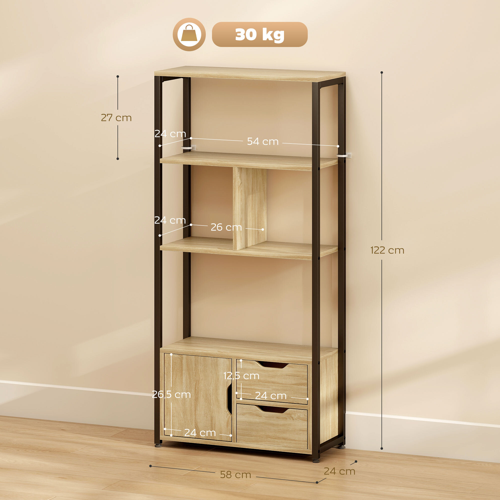 Bibliothèque style industriel 3 étagères placard porte 2 tiroirs panneaux particules aspect bois clair acier noir