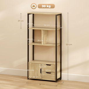 Bibliothèque style industriel 3 étagères placard porte 2 tiroirs panneaux particules aspect bois clair acier noir