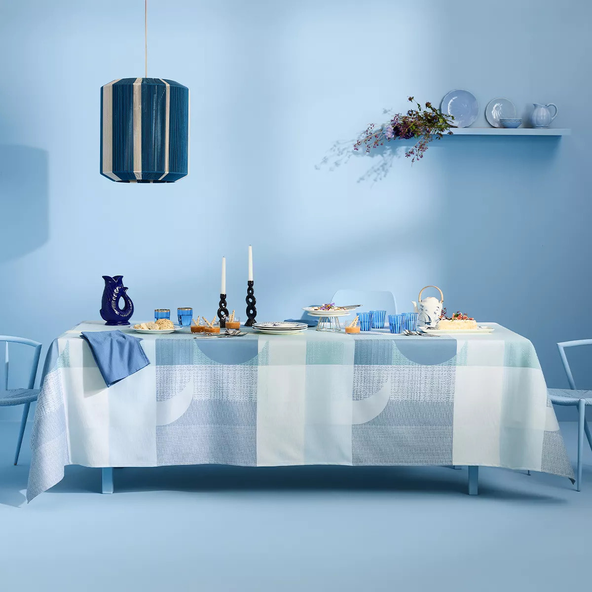 Nappe pur coton enduit 220 g/m² motif jacquard bleu vert Mille textures bleu